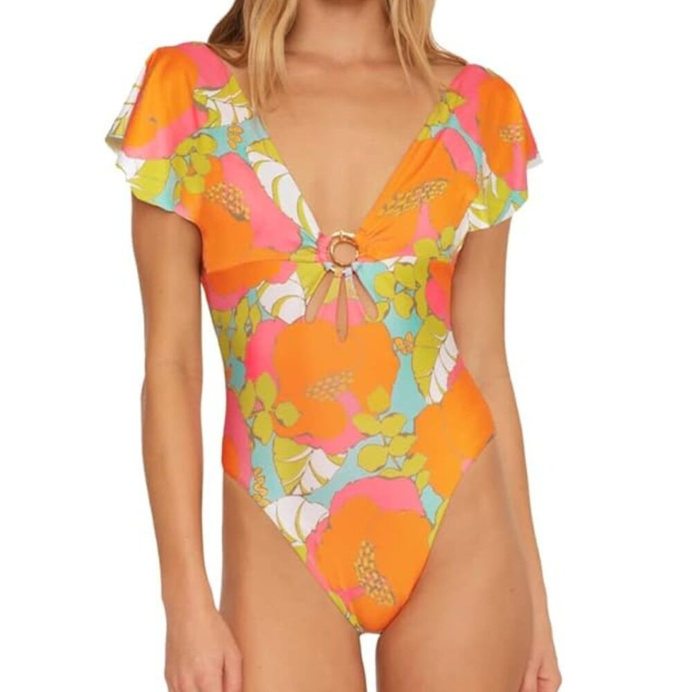 Trina Turk NEW Bright Colorful Floral Plunging Neck Open Back One Piece Swimsuit